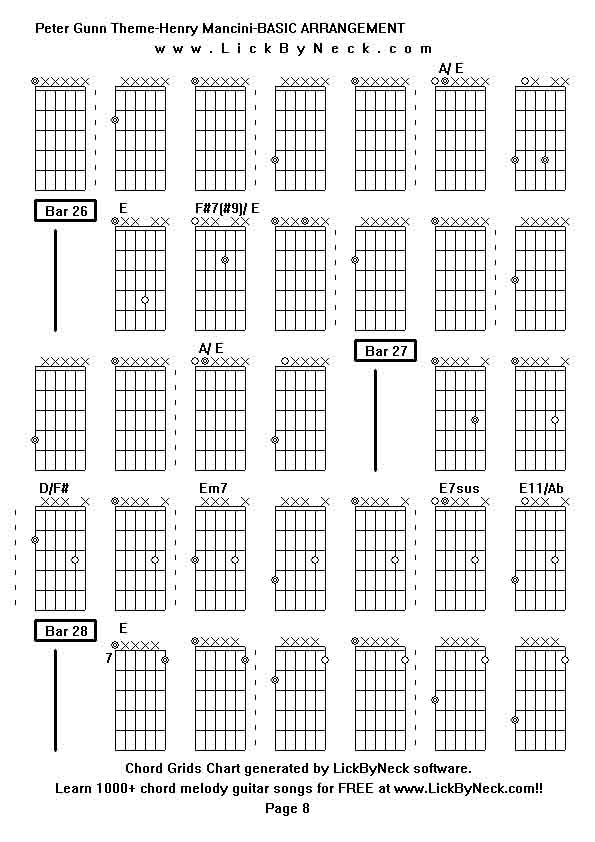 Chord Grids Chart of chord melody fingerstyle guitar song-Peter Gunn Theme-Henry Mancini-BASIC ARRANGEMENT,generated by LickByNeck software.